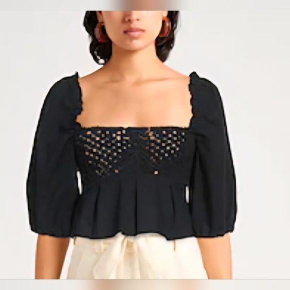 PINKO CROP Black Peplum Top Puffed Sleeve Darts Woven Square Size 2 170/80A - Picture 1 of 12